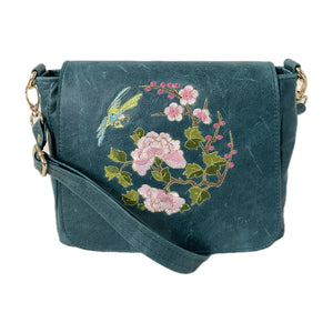 Fiona Crossbody Flap Bag Embroidered Teal Leather