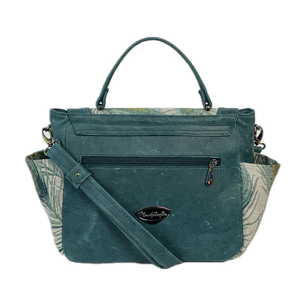 Top Handle Flap Bag Teal Leather and Peacock Tapestry - BeautifulBagsEtc