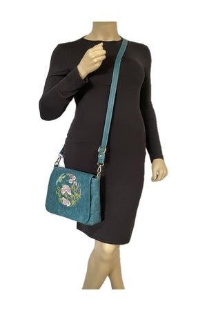 Fiona Crossbody Flap Bag Embroidered Teal Leather